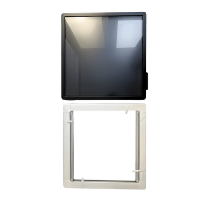 Replacement van window with tinted glass and white mounting frame for vehicle side panel