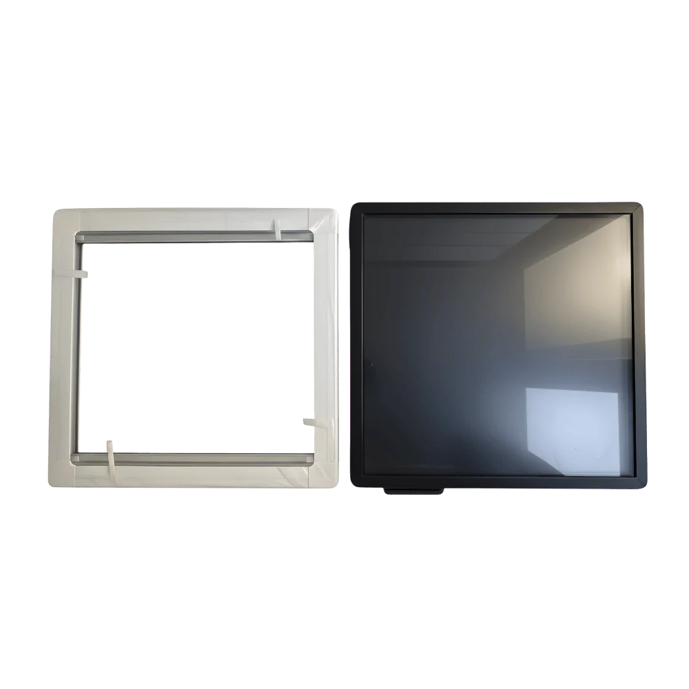 Van window replacement parts, including clear glass panel and white frame, for vehicle repair