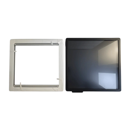 Van window replacement parts, including clear glass panel and white frame, for vehicle repair