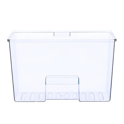Clear plastic van storage bin with ridged base, ideal for van parts organization