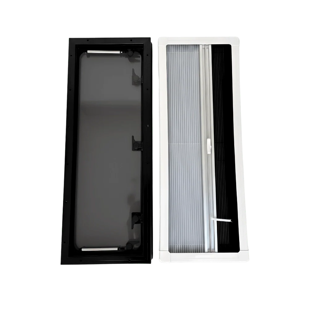Rectangular van window with black frame and sliding pleated screen side by side