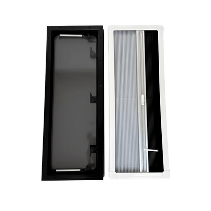 Rectangular van window with black frame and sliding pleated screen side by side