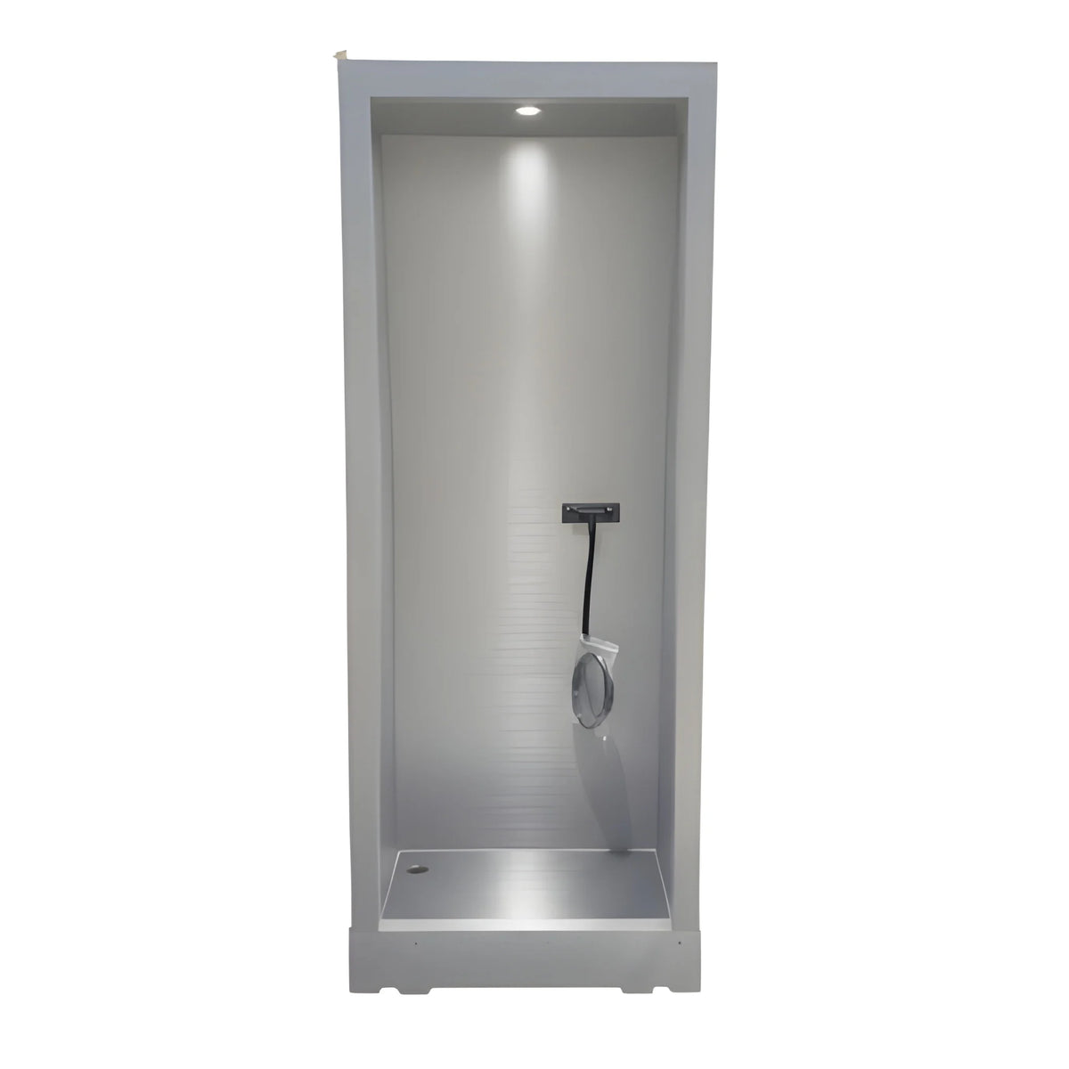 Front view of the Vankea L aluminum shower enclosure in gray, shown with a handheld shower, ceiling light and built-in pan.