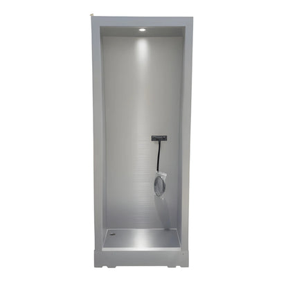 Front view of the Vankea L aluminum shower enclosure in gray, shown with a handheld shower, ceiling light and built-in pan.