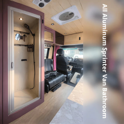 Vankea aluminum shower installation example inside a Sprinter camper van, showing a framed doorway and handheld shower.