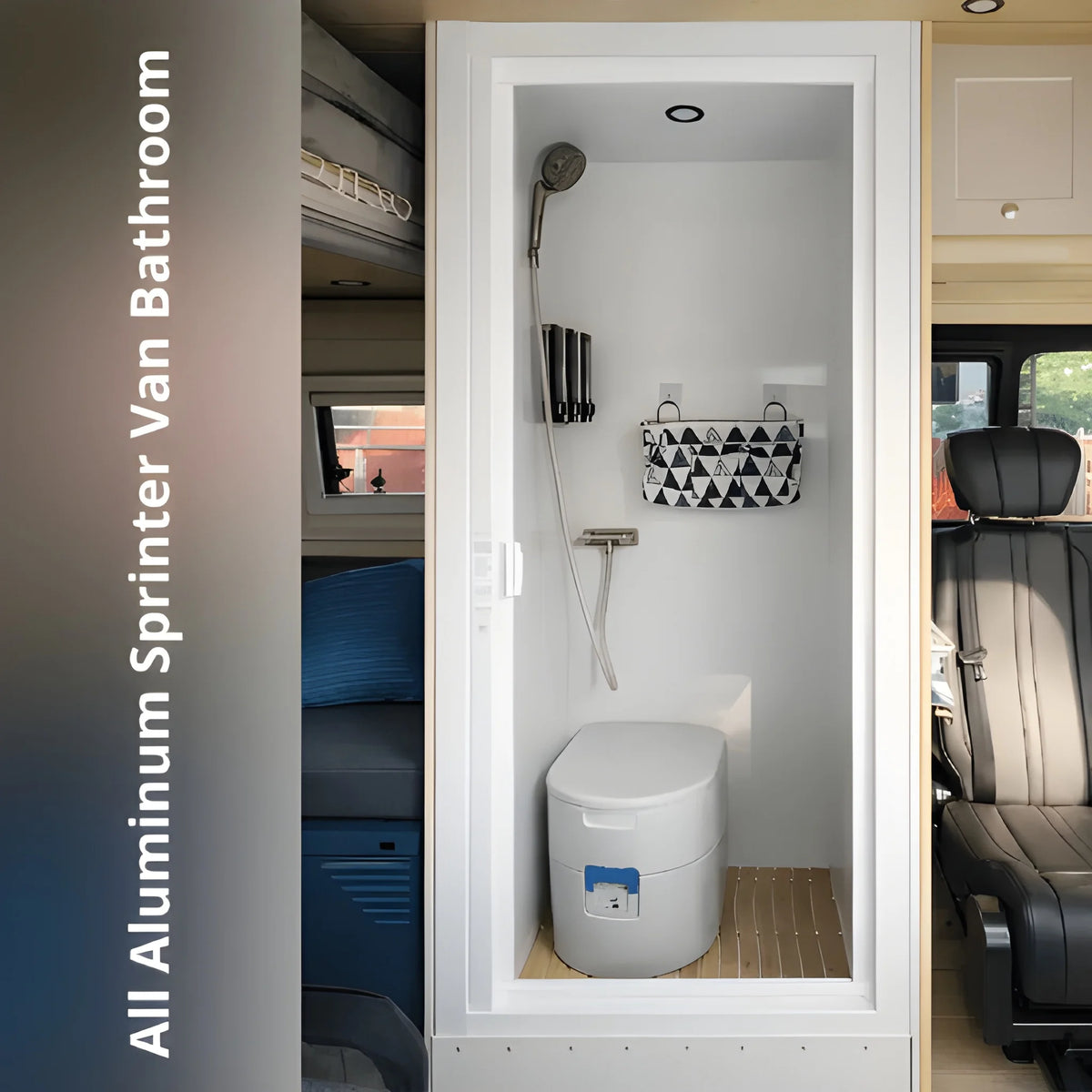 White Vankea aluminum shower installation example in a Sprinter van bathroom, shown with a handheld shower and portable toilet.