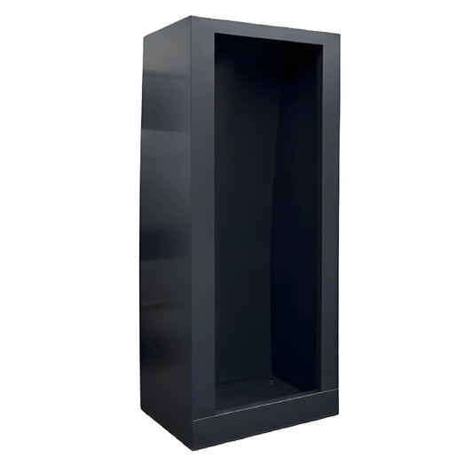 Three-quarter view of the Vankea L 36-inch aluminum van shower enclosure in charcoal, showing the open entry and built-in shower pan.