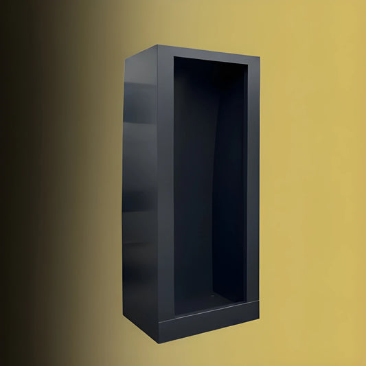 Vankea L 36-inch charcoal aluminum shower enclosure with an open front and integrated pan, displayed against a gold background.