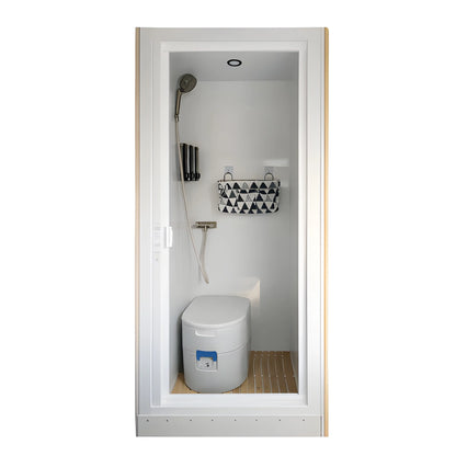 Vankea M 32-inch aluminum shower installation example in white, shown with a handheld shower, storage basket and portable toilet.