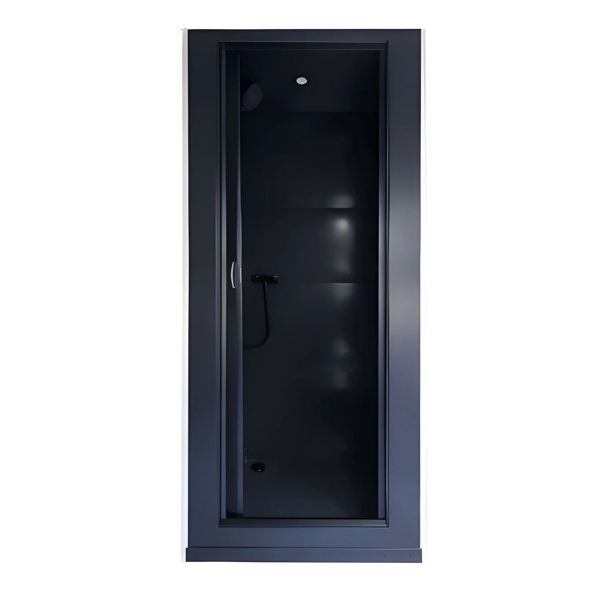 Front view of the Vankea M 32-inch charcoal aluminum van shower, shown with a framed doorway, handheld shower and ceiling light.