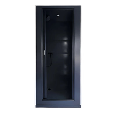 Front view of the Vankea M 32-inch charcoal aluminum van shower, shown with a framed doorway, handheld shower and ceiling light.