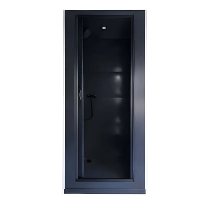 Front view of the Vankea M 32-inch charcoal aluminum van shower, shown with a framed doorway, handheld shower and ceiling light.