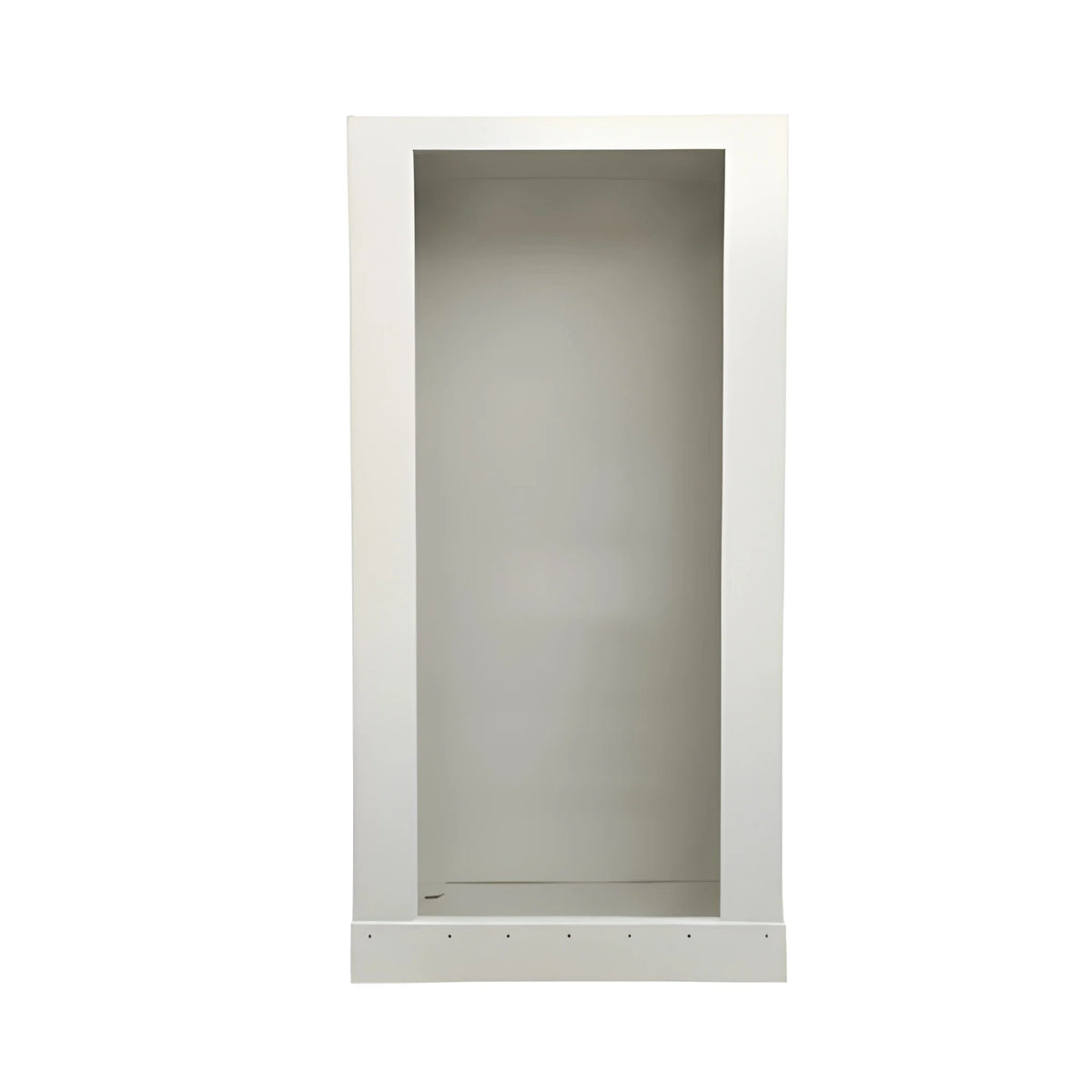 Front view of the Vankea M 32-inch aluminum shower enclosure in a light finish, showing the open entry, interior panels and built-in pan.