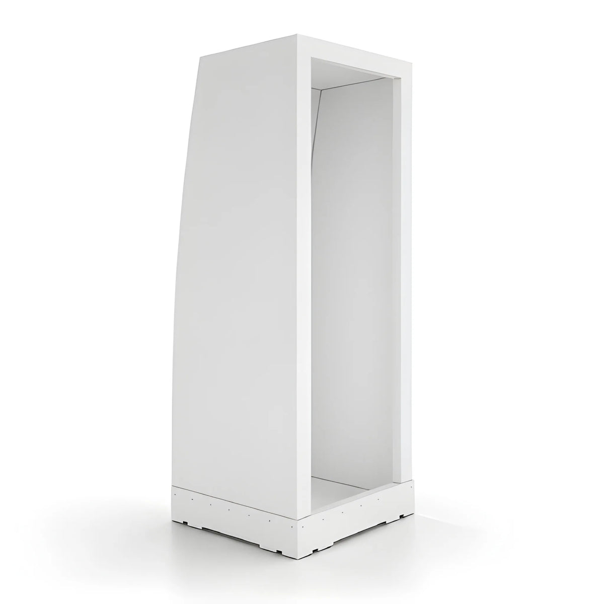 Angled view of the Vankea XS 25-inch white aluminum shower showing the exterior side panel, open doorway and shower pan.