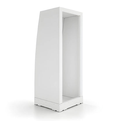 Angled view of the Vankea XS 25-inch white aluminum shower showing the exterior side panel, open doorway and shower pan.