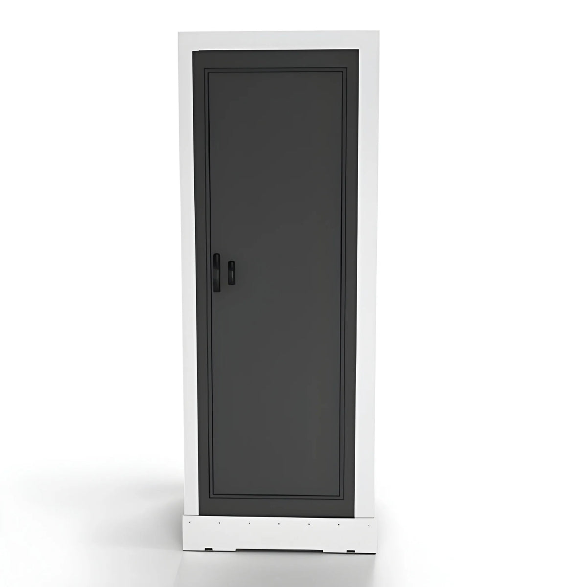 Front view of the Vankea XS aluminum shower showing the closed dark door, recessed handle and white surround.