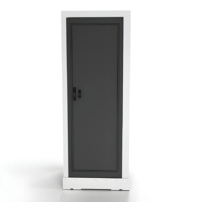 Front view of the Vankea XS aluminum shower showing the closed dark door, recessed handle and white surround.