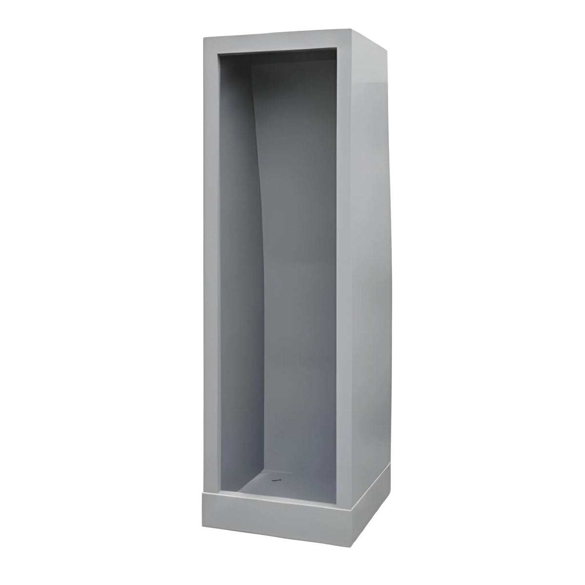 Three-quarter view of the Vankea XS 25-inch gray aluminum van shower enclosure showing the open entry and built-in shower pan.