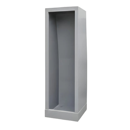 Three-quarter view of the Vankea XS 25-inch gray aluminum van shower enclosure showing the open entry and built-in shower pan.