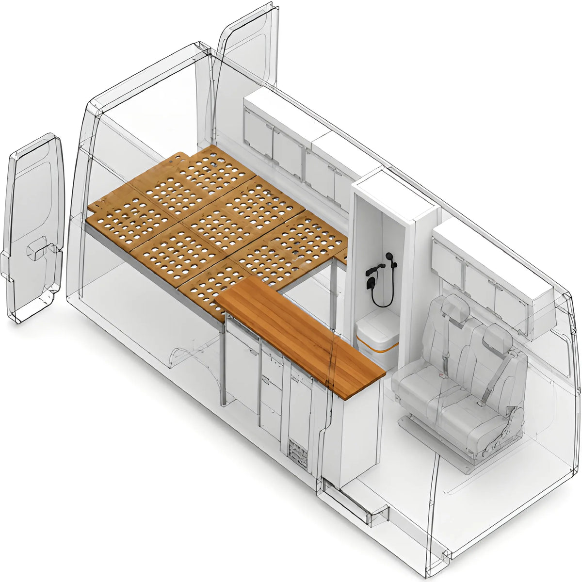 Camper van layout diagram showing the Vankea XS shower position beside the kitchen and behind the front cab seats.