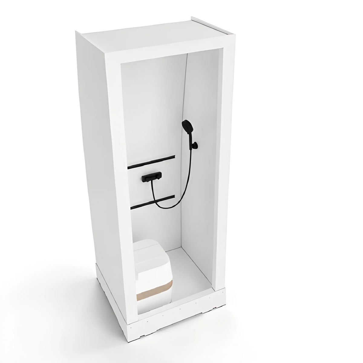 Vankea XS aluminum shower shown with a black handheld shower, wall controls and a portable toilet inside the white enclosure.