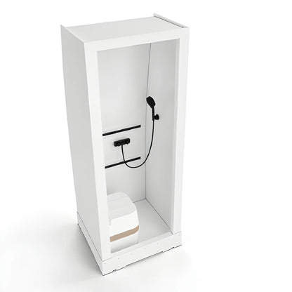 Vankea XS aluminum shower shown with a black handheld shower, wall controls and a portable toilet inside the white enclosure.