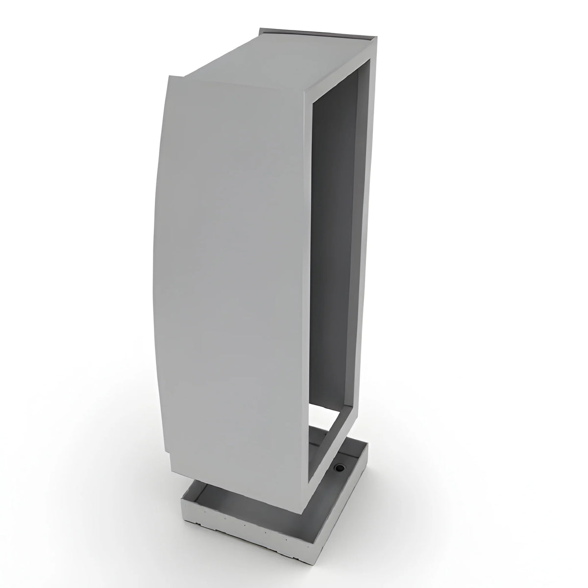 Exploded view of the Vankea XS aluminum shower enclosure raised above its separate shower pan.