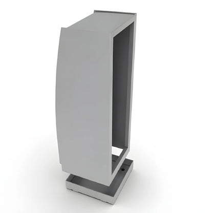 Exploded view of the Vankea XS aluminum shower enclosure raised above its separate shower pan.