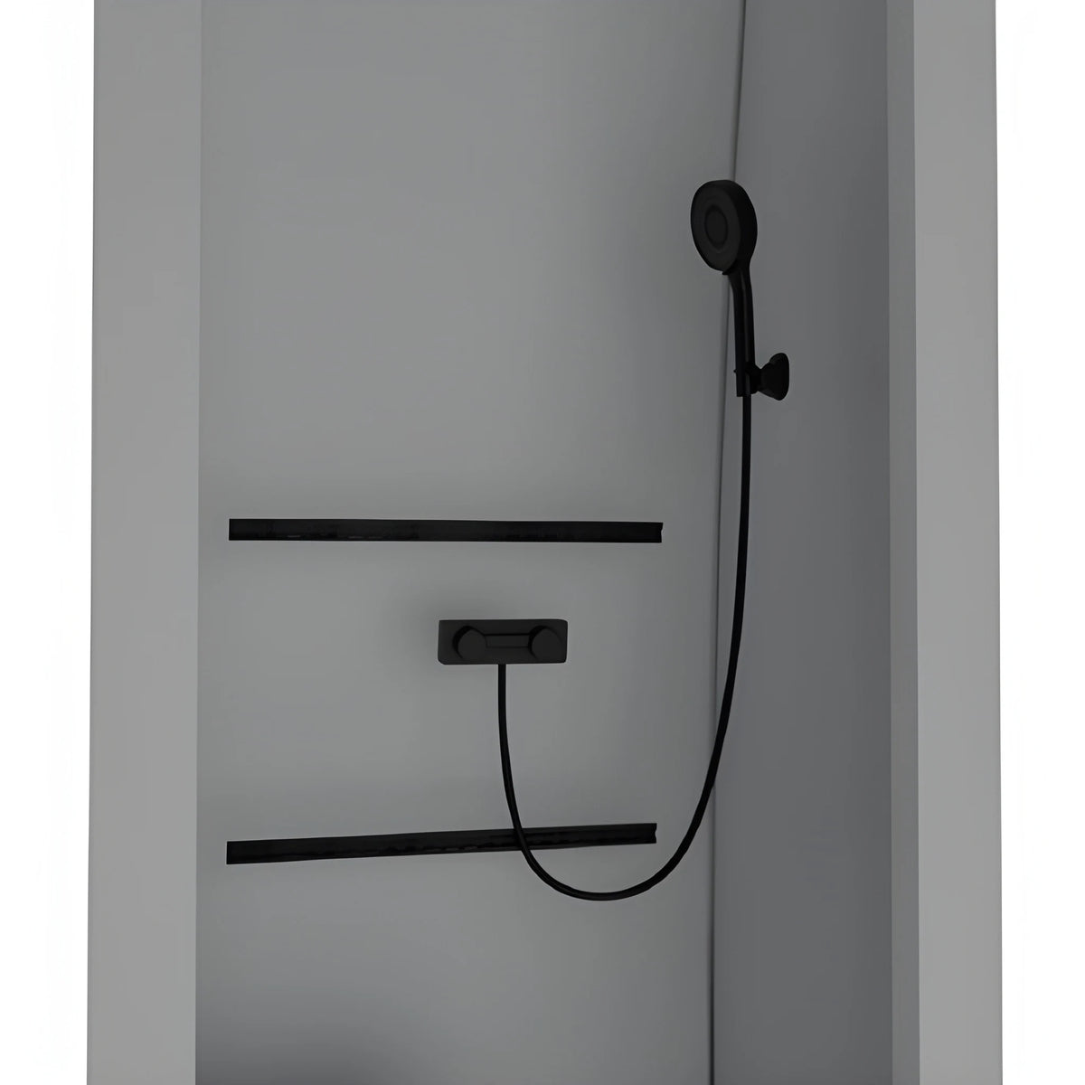 Close-up of the Vankea XS shower interior showing a black handheld shower, hose, mixer control and horizontal wall rails.