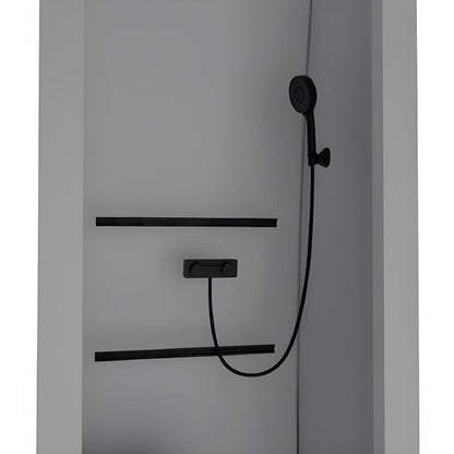 Close-up of the Vankea XS shower interior showing a black handheld shower, hose, mixer control and horizontal wall rails.