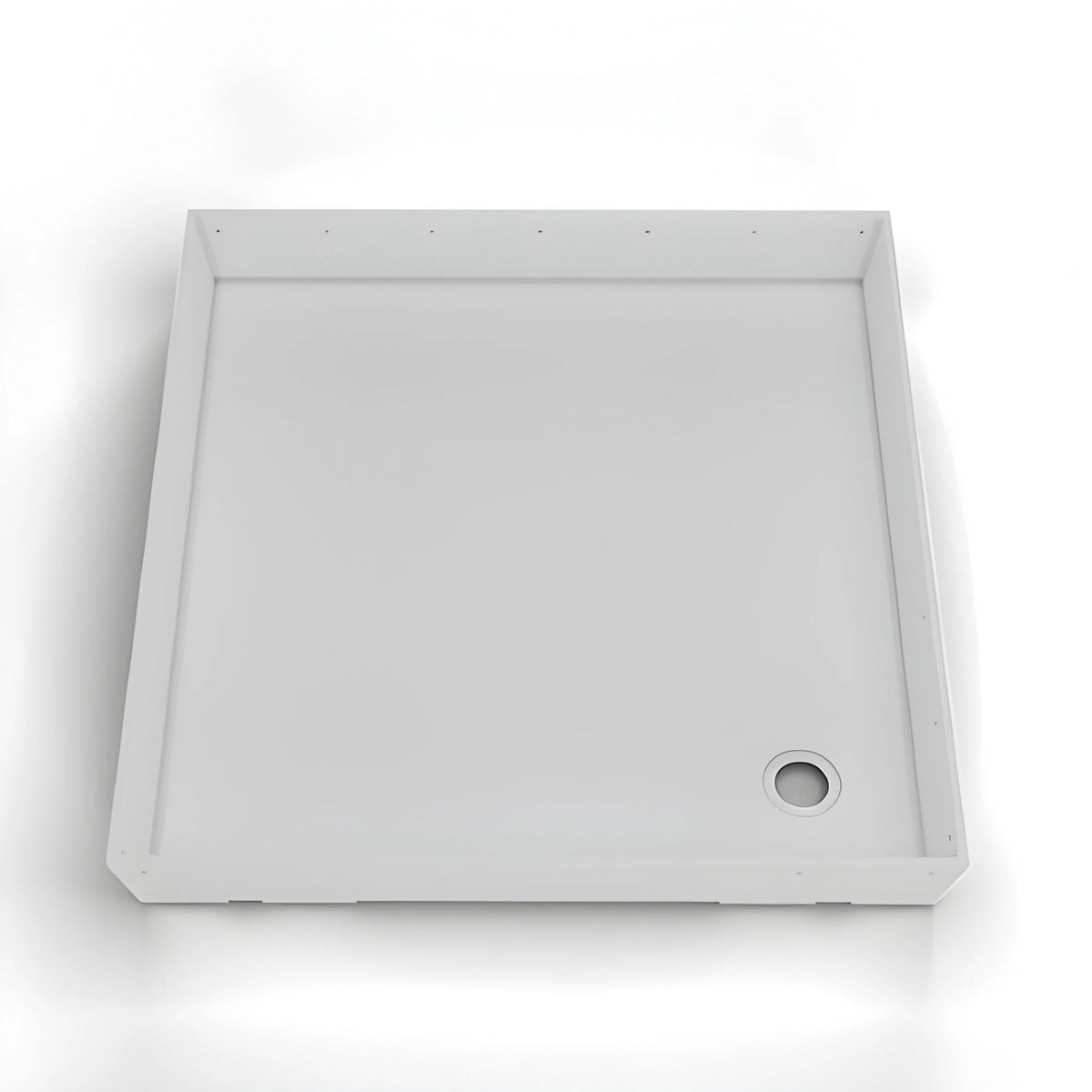 Top view of the Vankea XS aluminum shower pan showing the raised edges, perimeter mounting holes and round drain opening.