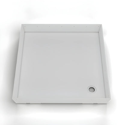 Top view of the Vankea XS aluminum shower pan showing the raised edges, perimeter mounting holes and round drain opening.