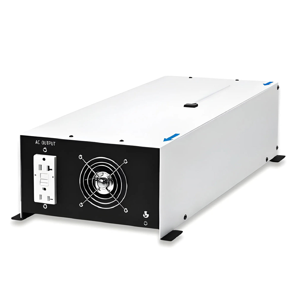Bear Power 2000W pure sine wave inverter charger showing the AC outlet, cooling fan and mounting feet.