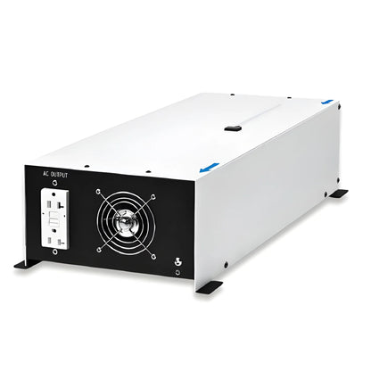 Bear Power 2000W pure sine wave inverter charger showing the AC outlet, cooling fan and mounting feet.