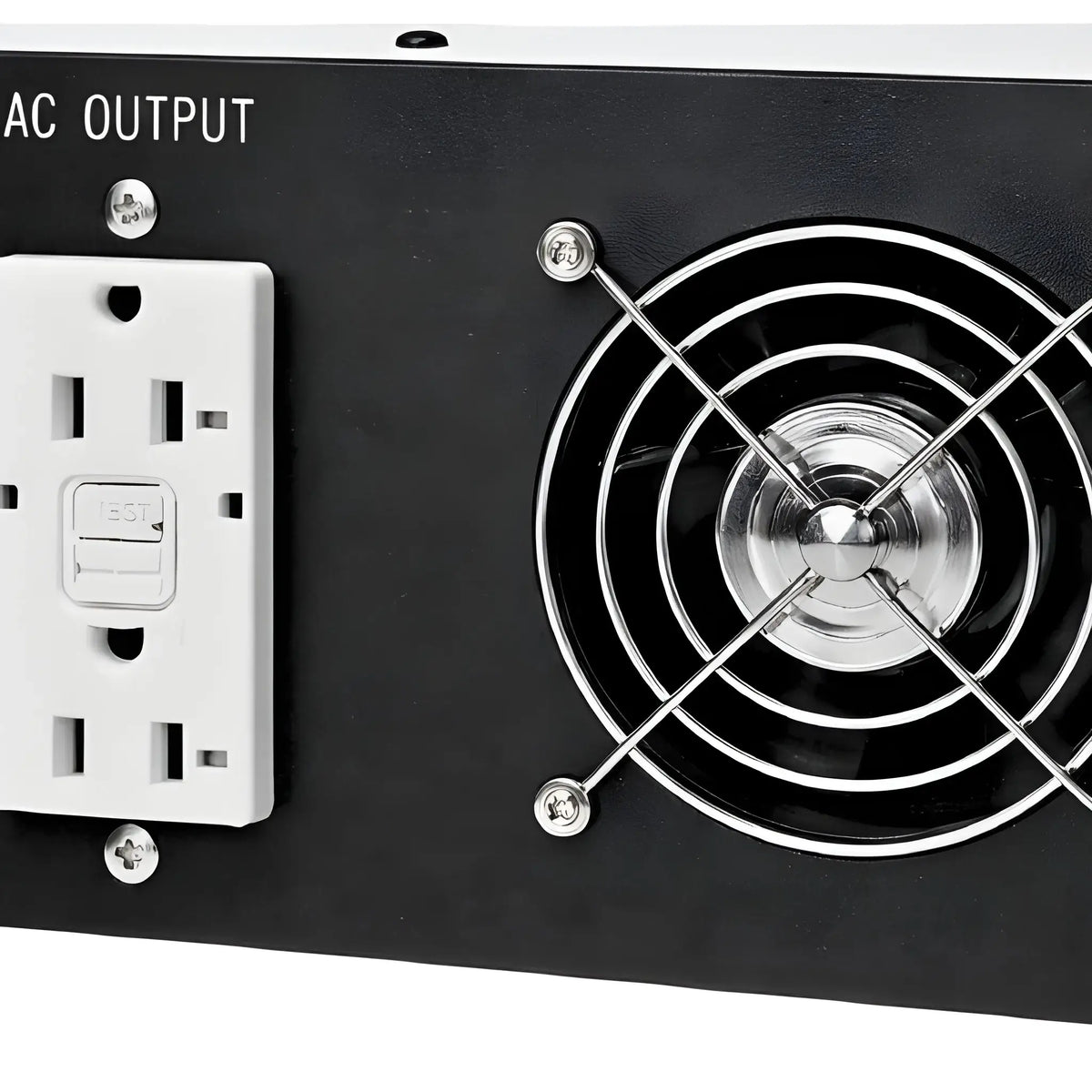 Close-up of the AC output outlet and cooling fan on the Bear Power 2000W inverter charger.