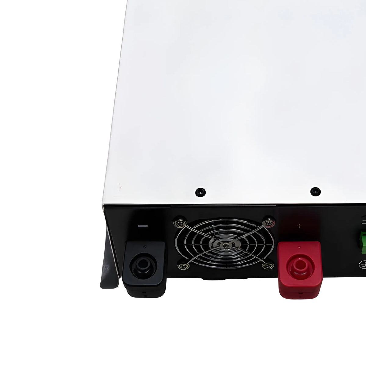 Close-up of the positive and negative DC battery terminals on the Bear Power 2000W 12V inverter charger.