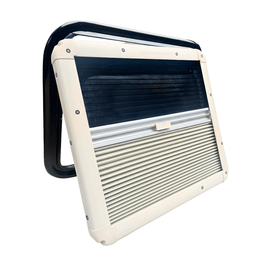 Glacier View bubble awning window hinge mechanism and weather-tight seal for Sprinter and ProMaster