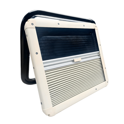Glacier View bubble awning window hinge mechanism and weather-tight seal for Sprinter and ProMaster