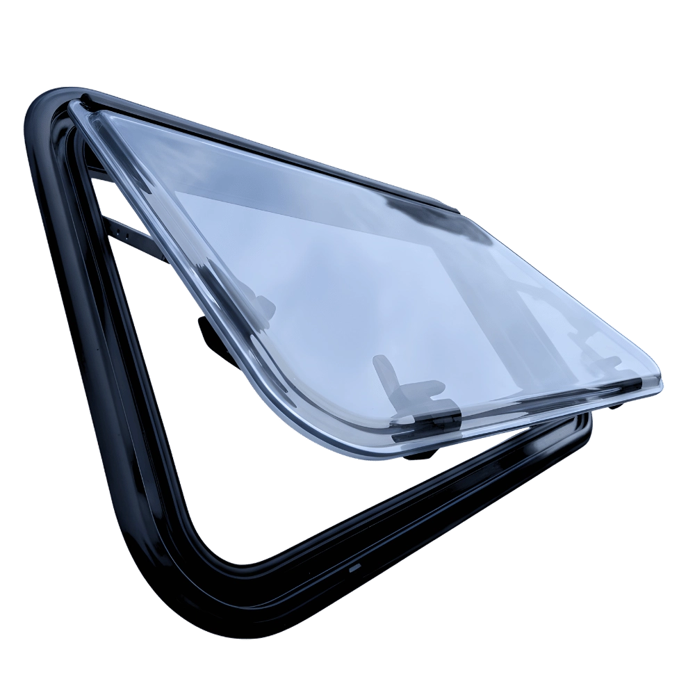 Glacier View bubble awning window in open position for rain-safe ventilation in camper van bunk