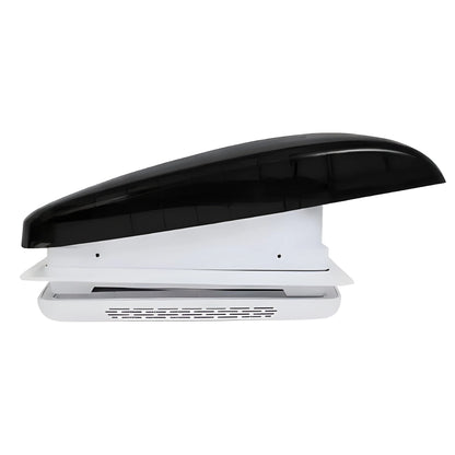 Side view of the Cryonex 12V roof ventilation fan for 14 x 14-inch RV and van openings, with its black lid raised.