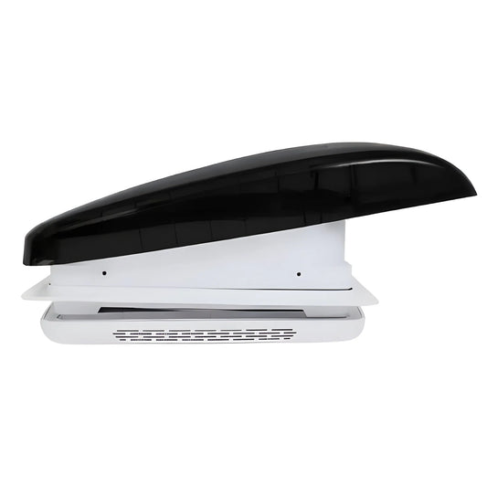 Side view of the Cryonex 12V roof ventilation fan for 14 x 14-inch RV and van openings, with its black lid raised.