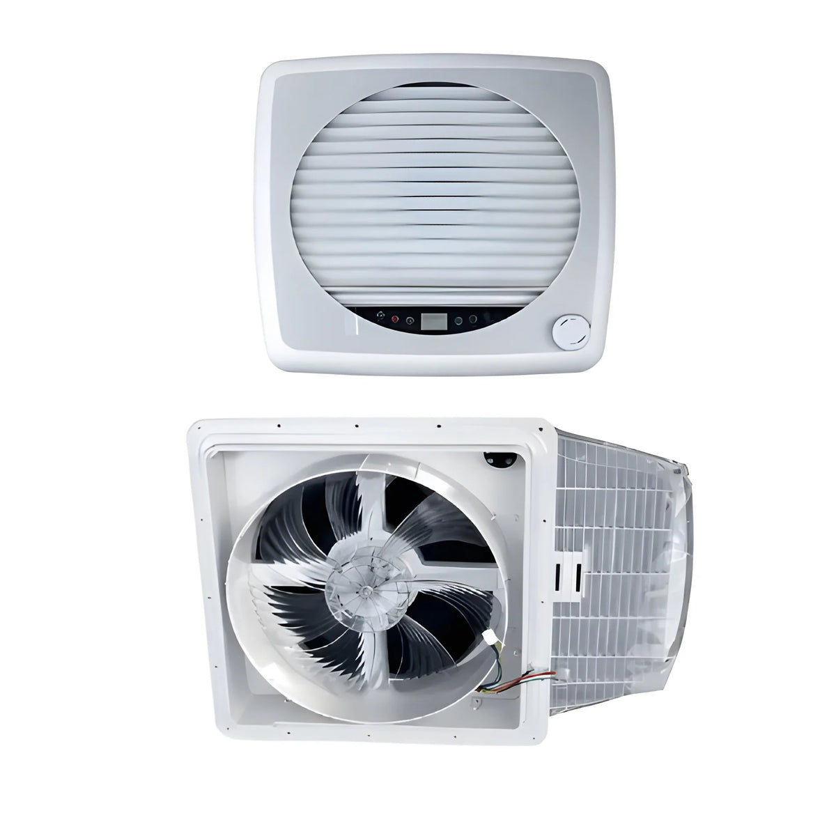Cryonex RV roof fan showing the interior trim with blackout shade closed and the underside fan assembly.