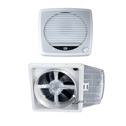 Cryonex RV roof fan showing the interior trim with blackout shade closed and the underside fan assembly.