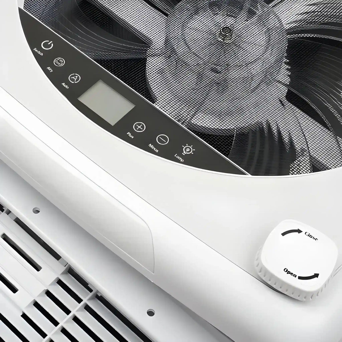 Close-up of the Cryonex roof fan control panel, insect screen and manual lid opening knob.