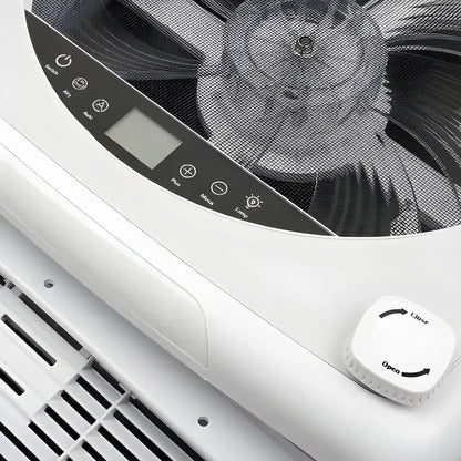 Close-up of the Cryonex roof fan control panel, insect screen and manual lid opening knob.