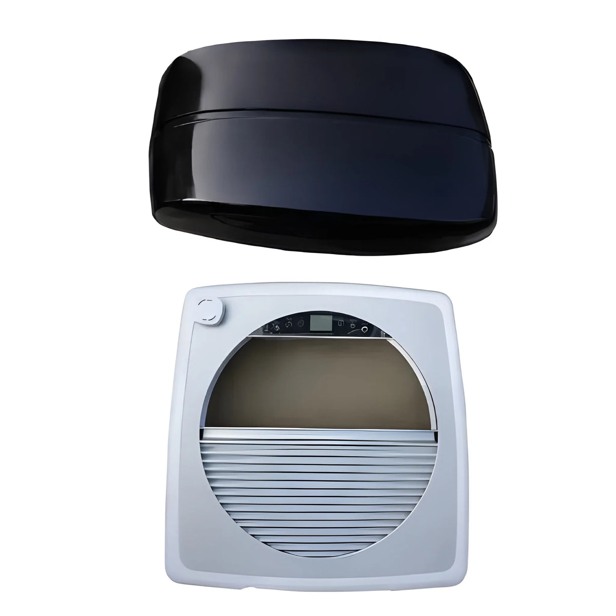 Cryonex roof ventilation fan showing the black exterior lid and white interior trim with a partially closed blackout shade.