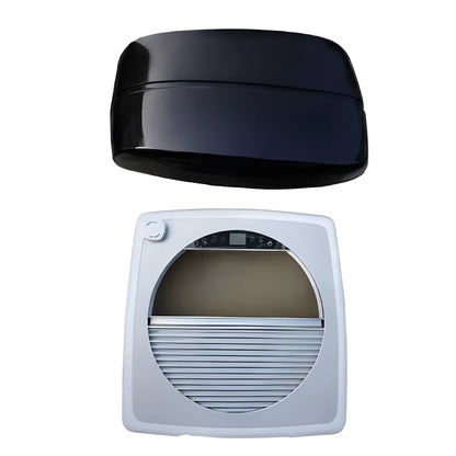Cryonex roof ventilation fan showing the black exterior lid and white interior trim with a partially closed blackout shade.