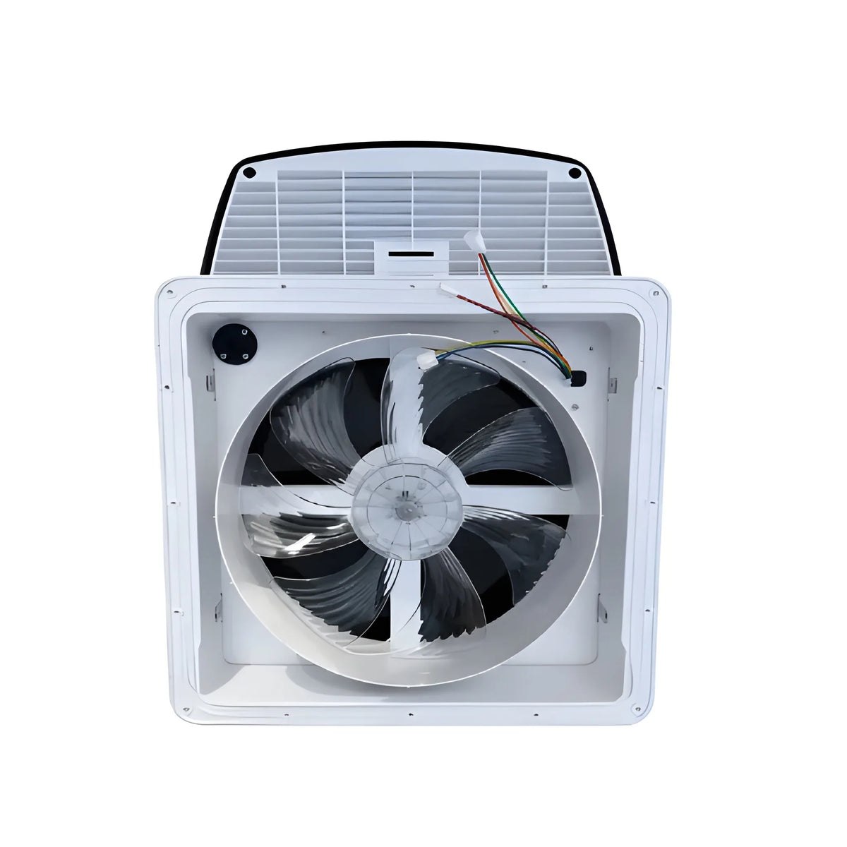 Underside of the Cryonex RV roof ventilation fan showing fan blades, white housing and wiring connectors.