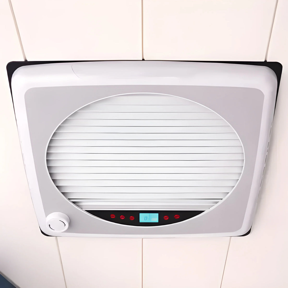 Cryonex roof ventilation fan installed in a white camper van ceiling with the blackout shade closed and control display visible.