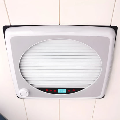 Cryonex roof ventilation fan installed in a white camper van ceiling with the blackout shade closed and control display visible.